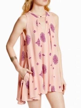 Free People Peach & Purple Printed Swing Tank Dress | Lightweight Boho Top | XS